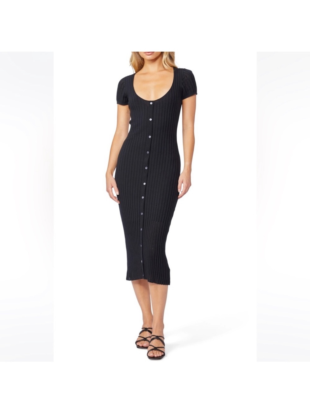 PAIGE Anthy Ribbed Scoop-Neck Button Midi Dress